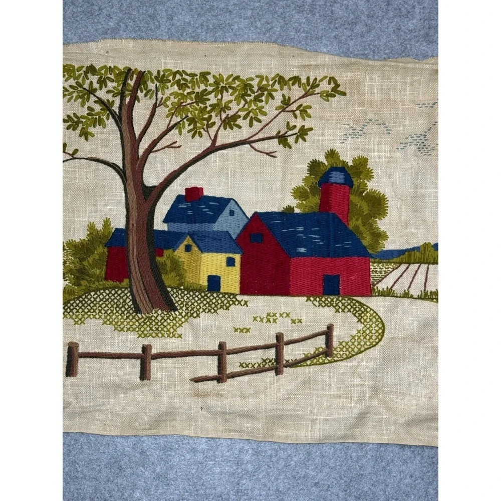 Vintage Hand Embroidered Linen Farm Scene Folk Art Red Barn Textile Tapestry